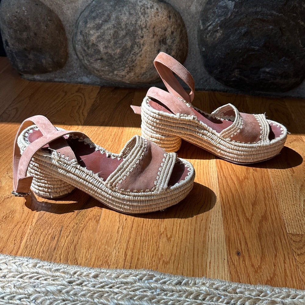 Tory Burch Arianne Platform Raffia Suede Ankle Strap Wedges Heels Sandals 7.5